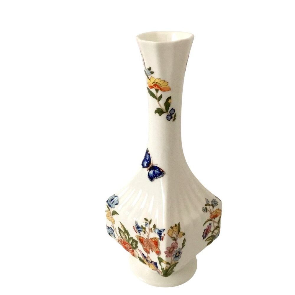 AYNSLEY Cottage Garden Bone China Bud Vase Floral Butterfly 7" England Square